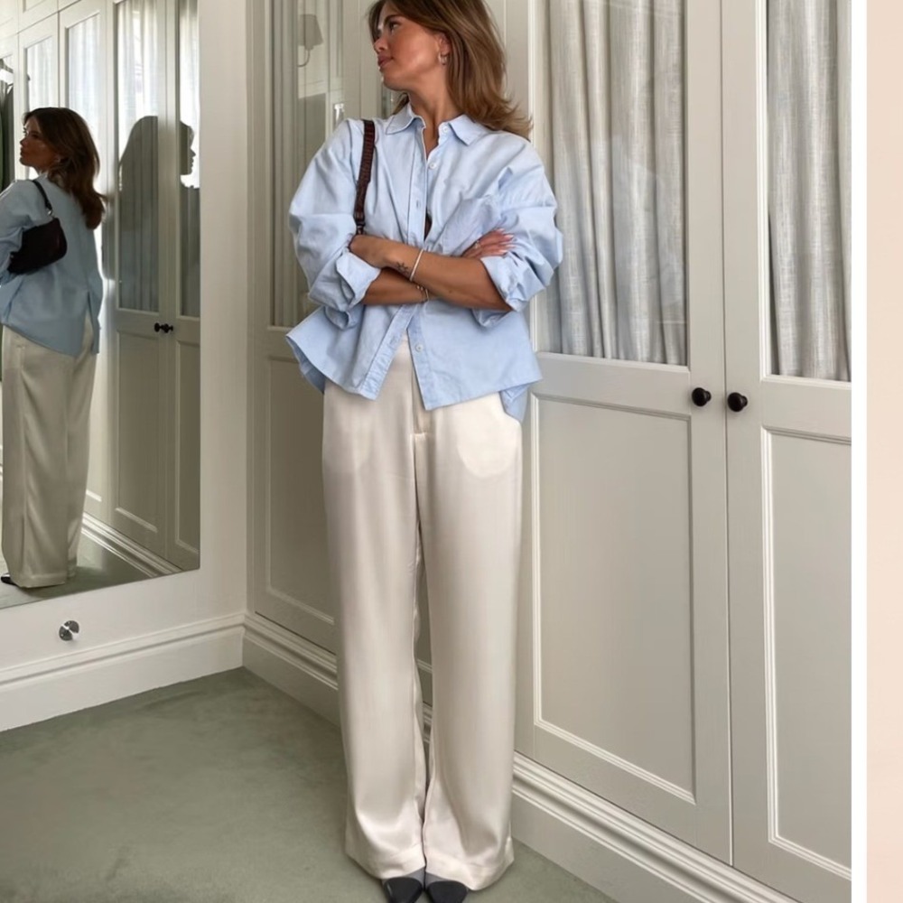 Djerf Avenue Satin Pants Ivory XS Relaxed Wide Leg Japanese Triacetate NEW